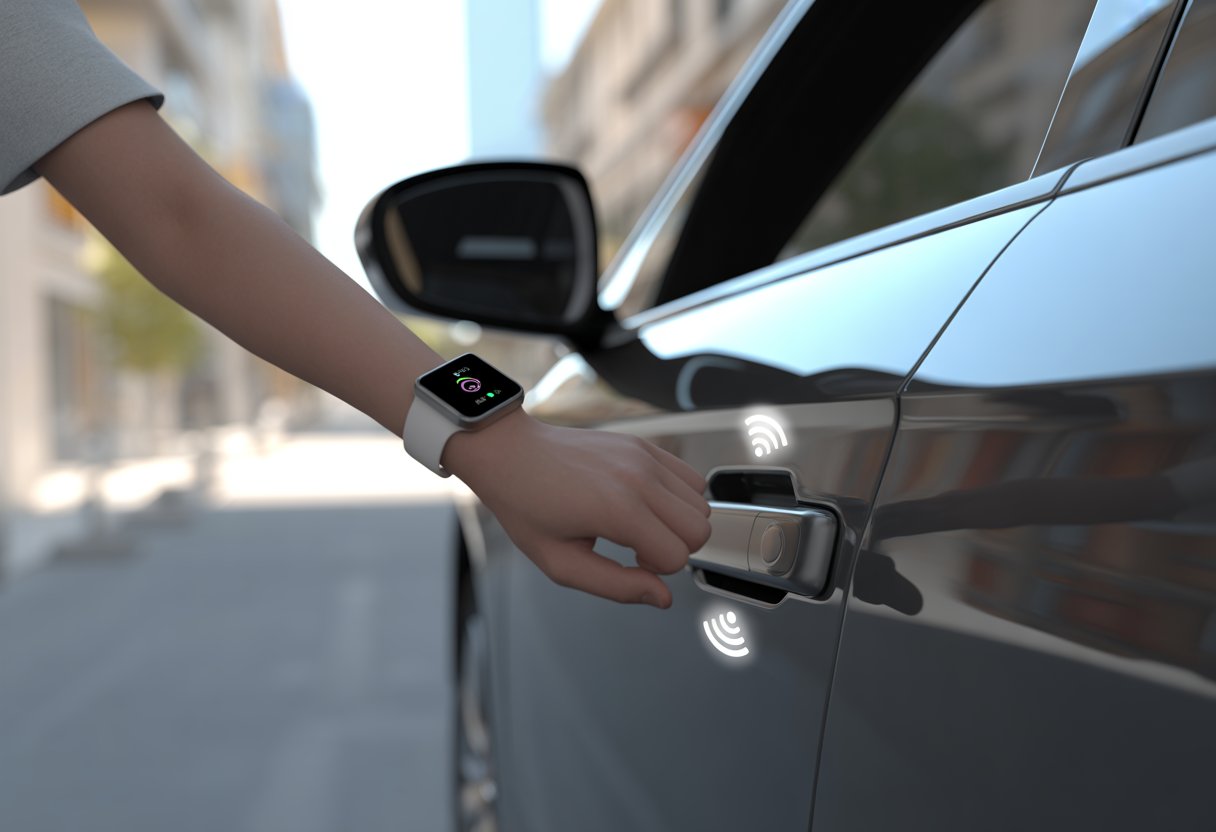 A person using a smartwatch to unlock a car by holding their wrist close to the car door handle.