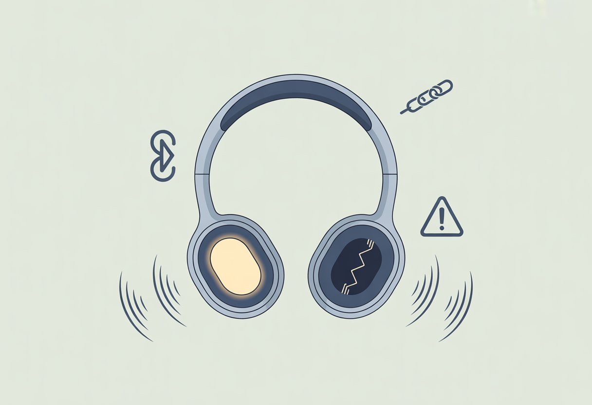 A pair of Bluetooth headphones with one earbud showing sound waves and the other earbud inactive, highlighting a connectivity issue.