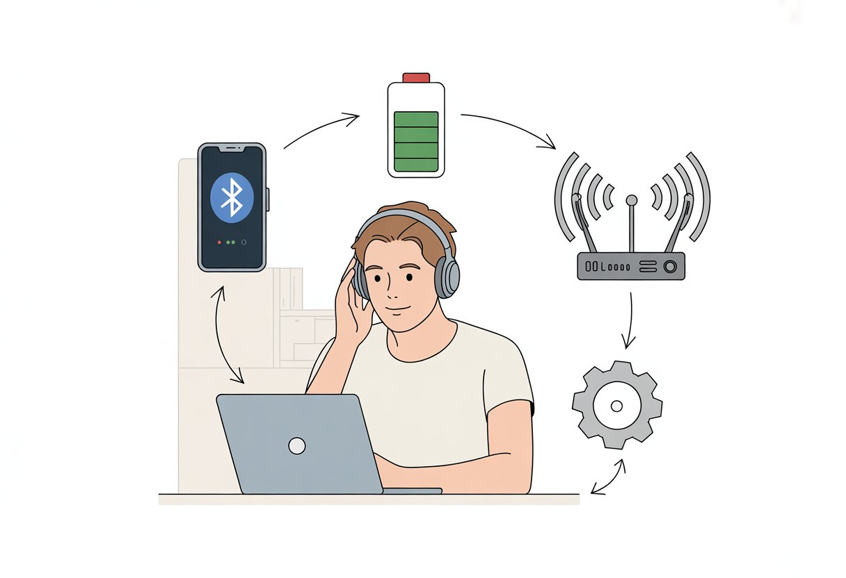 A person wearing Bluetooth headphones sitting at a desk with a laptop, surrounded by icons representing Bluetooth settings, Wi-Fi signals, battery status, and device settings.