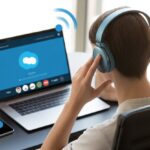 Person wearing Bluetooth headphones using a laptop with the Skype interface in a home office setting.