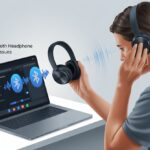A person adjusting Bluetooth headphones and laptop settings to fix an echo issue.