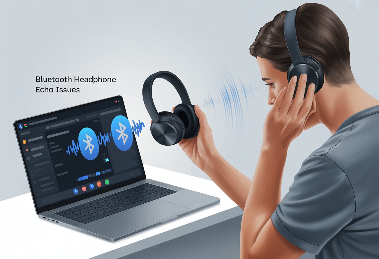 A person adjusting Bluetooth headphones and laptop settings to fix an echo issue.