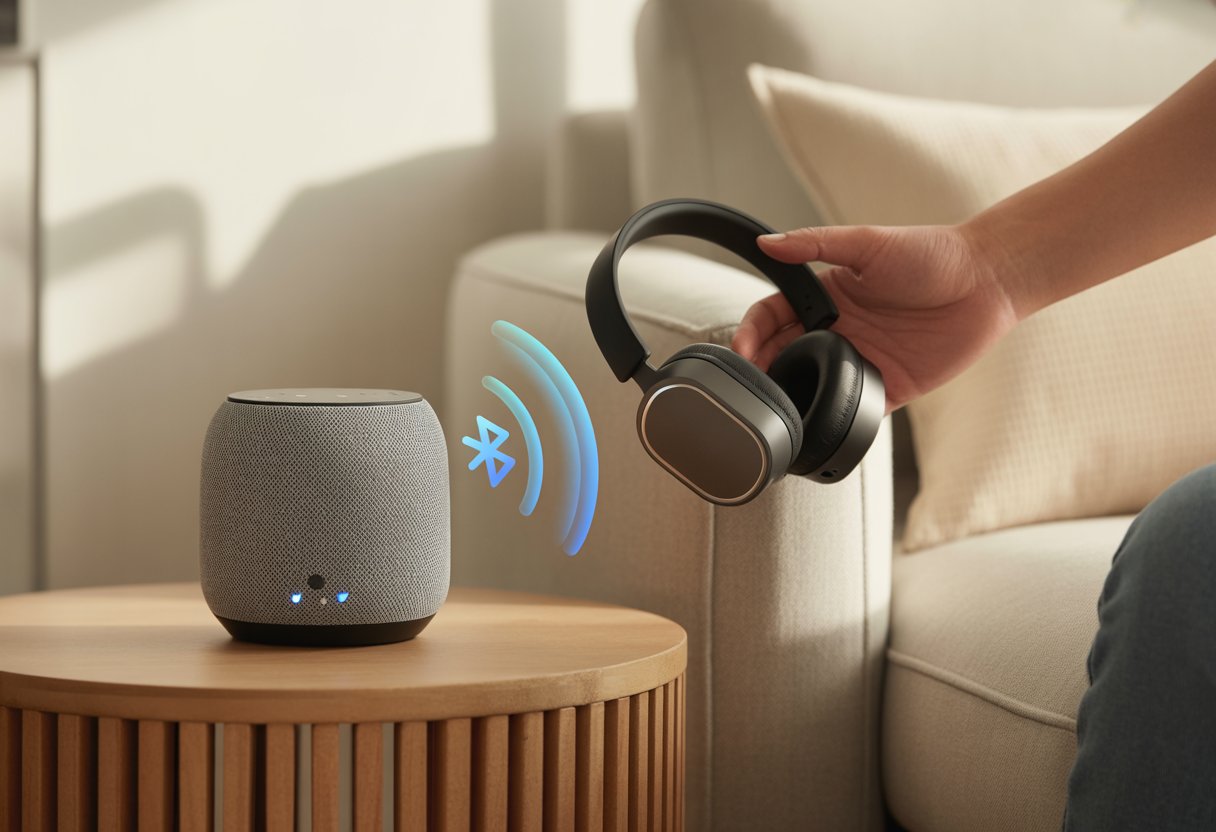 A person holding Bluetooth headphones near a smart speaker in a living room, showing wireless connection between the devices.