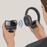 A person holding a GoPro camera and wireless Bluetooth headphones, showing the connection between the two devices.