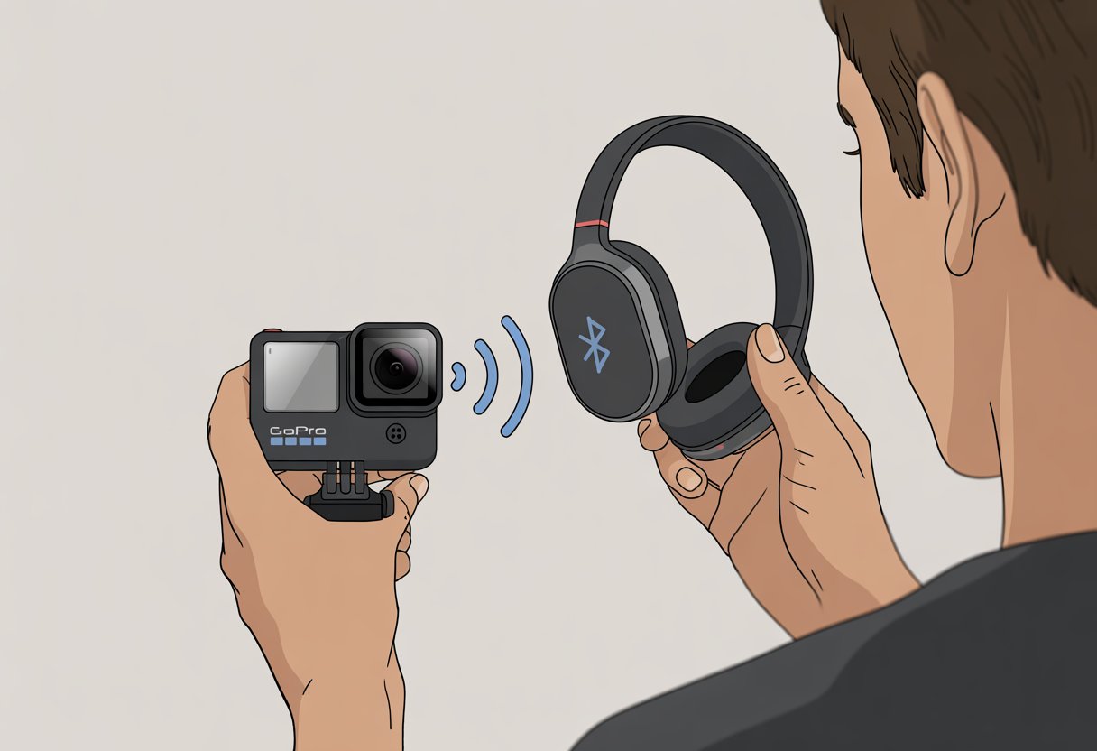 A person holding a GoPro camera and wireless Bluetooth headphones, showing the connection between the two devices.