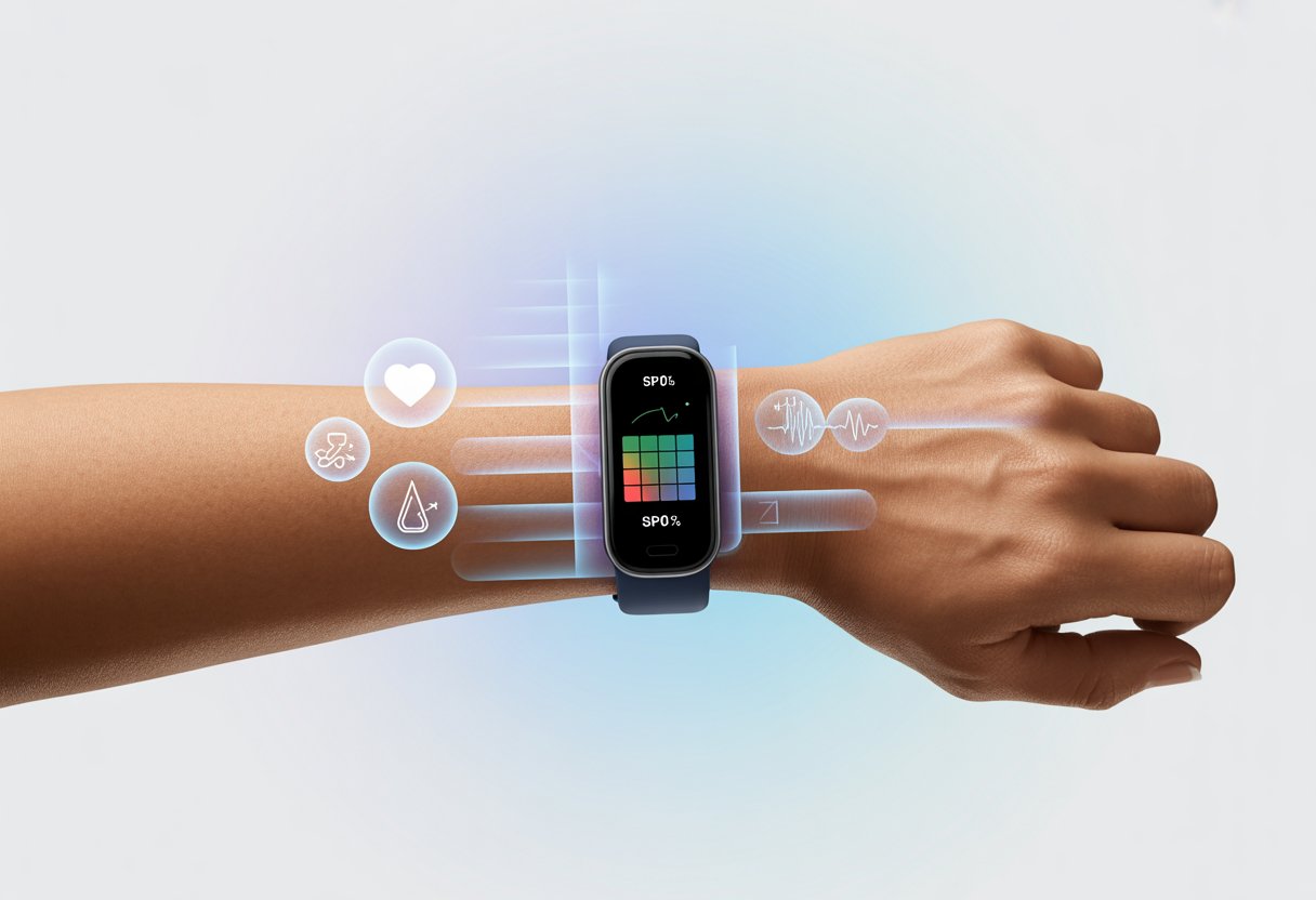 Close-up of a wrist wearing a fitness tracker displaying blood oxygen levels with health-related icons around it.