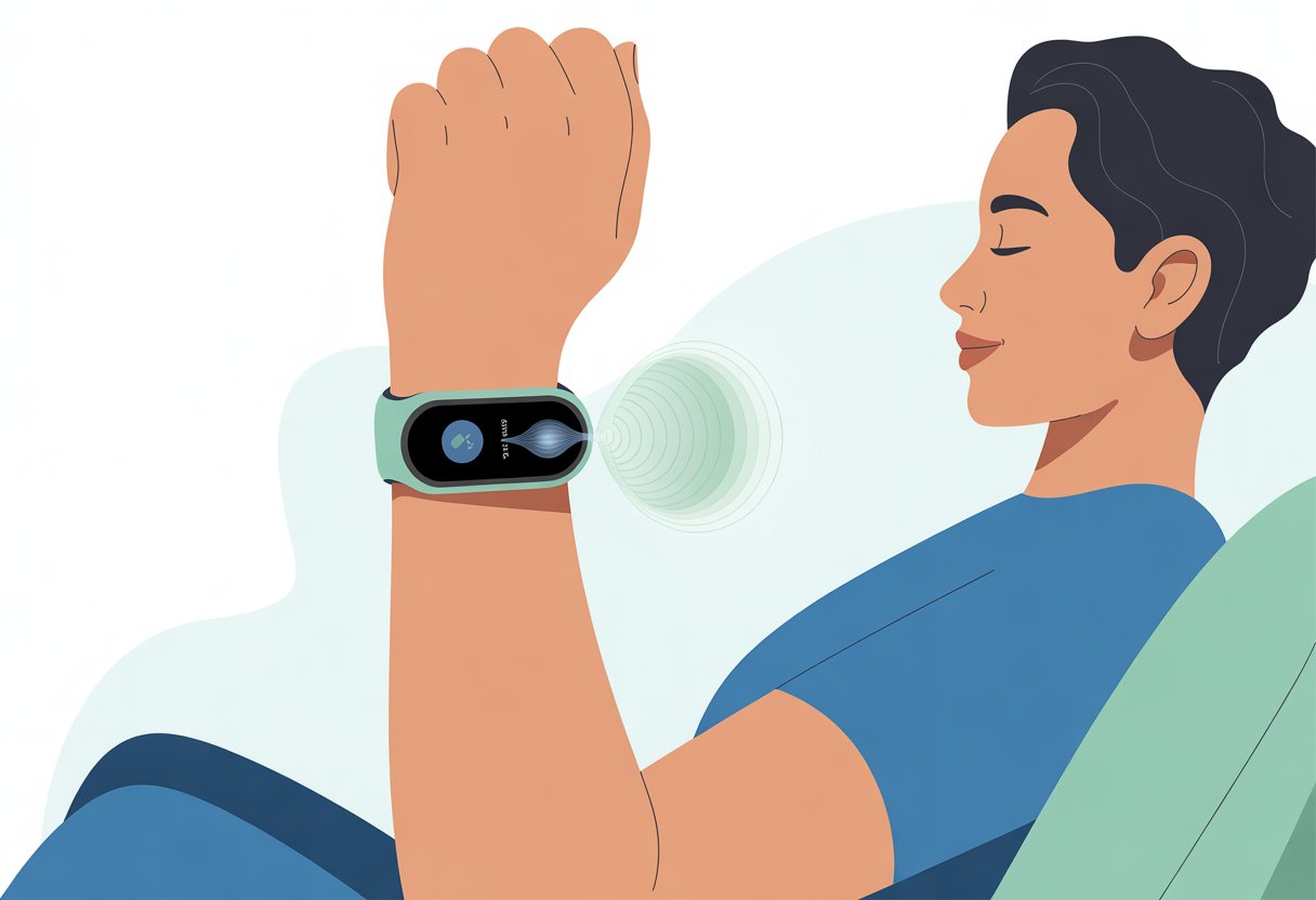A person sitting calmly with eyes closed, wearing a fitness tracker on their wrist showing a breathing animation.