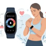 A woman wearing a fitness tracker on her wrist with menstrual cycle tracking icons displayed on the device.