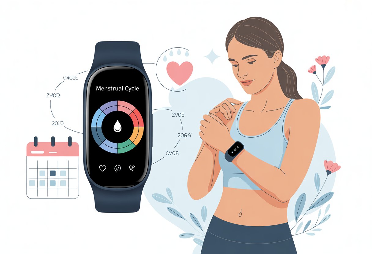A woman wearing a fitness tracker on her wrist with menstrual cycle tracking icons displayed on the device.