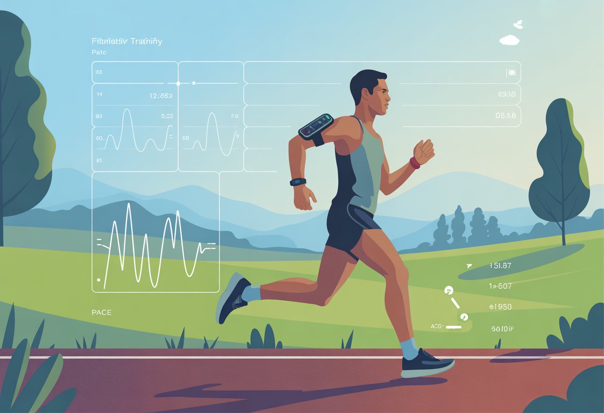 A runner wearing a fitness tracker on their wrist running on an outdoor path surrounded by trees.