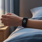 A close-up of a person’s wrist wearing a fitness tracker showing a silent alarm icon, with a calm bedroom in the background.