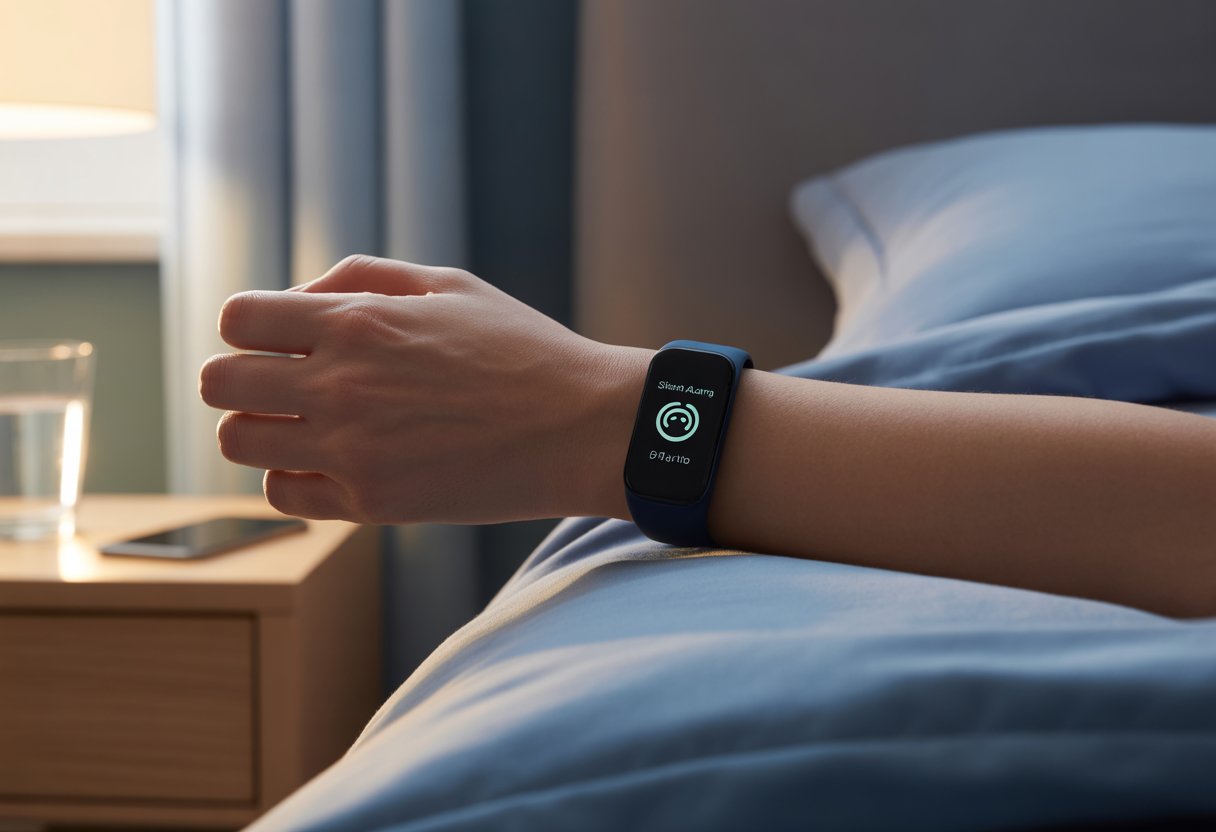 A close-up of a person’s wrist wearing a fitness tracker showing a silent alarm icon, with a calm bedroom in the background.