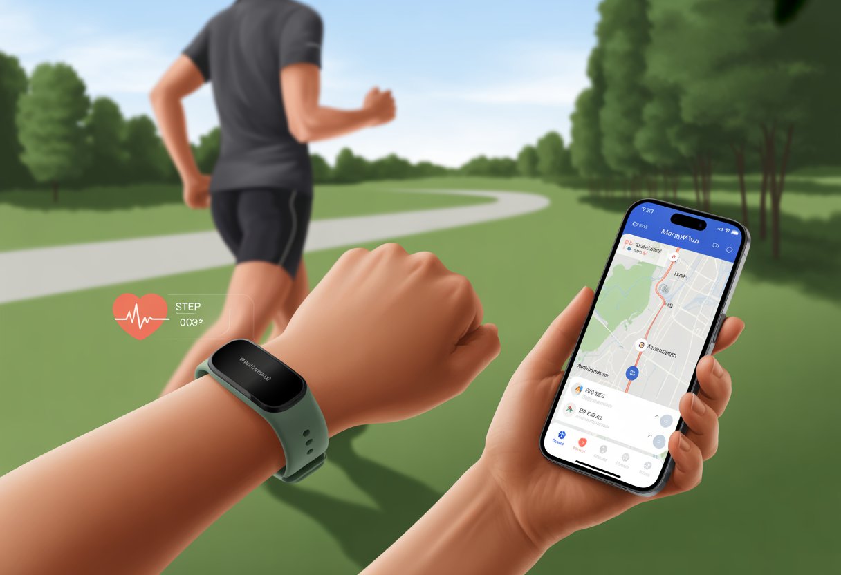 A person jogging outdoors wearing a fitness tracker and holding a smartphone showing a running route map.