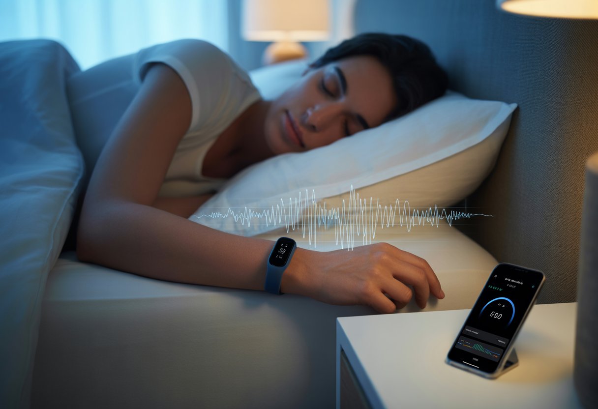 A person sleeping in bed wearing a fitness tracker on their wrist with a smartphone nearby showing sleep data.