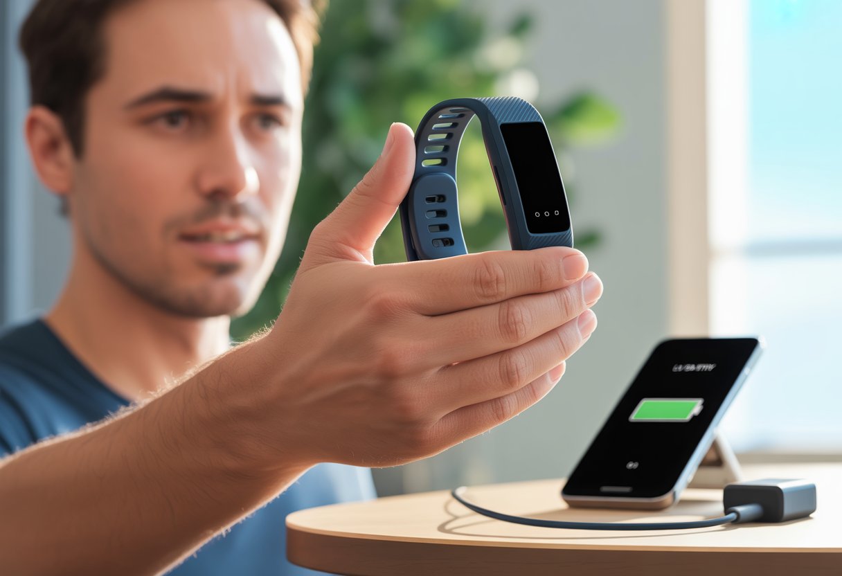 A person holding a fitness tracker with a blank screen, looking at it with concern, next to a smartphone and an unplugged charger on a table.