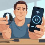 A person sitting at a desk, holding a fitness tracker and a smartphone showing a syncing error, looking puzzled.