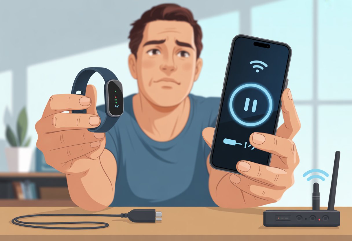 A person sitting at a desk, holding a fitness tracker and a smartphone showing a syncing error, looking puzzled.