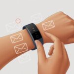 Close-up of a person wearing a fitness tracker with no email alerts showing, while interacting with the device.