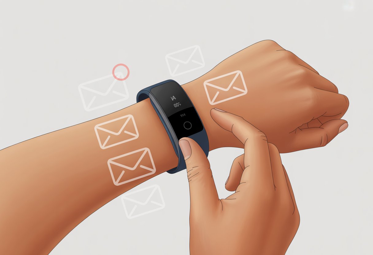 Close-up of a person wearing a fitness tracker with no email alerts showing, while interacting with the device.