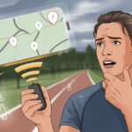 A person outdoors looking at a fitness tracker with a confused expression, with a running trail and a digital map showing inaccurate GPS markers and weak satellite signals.