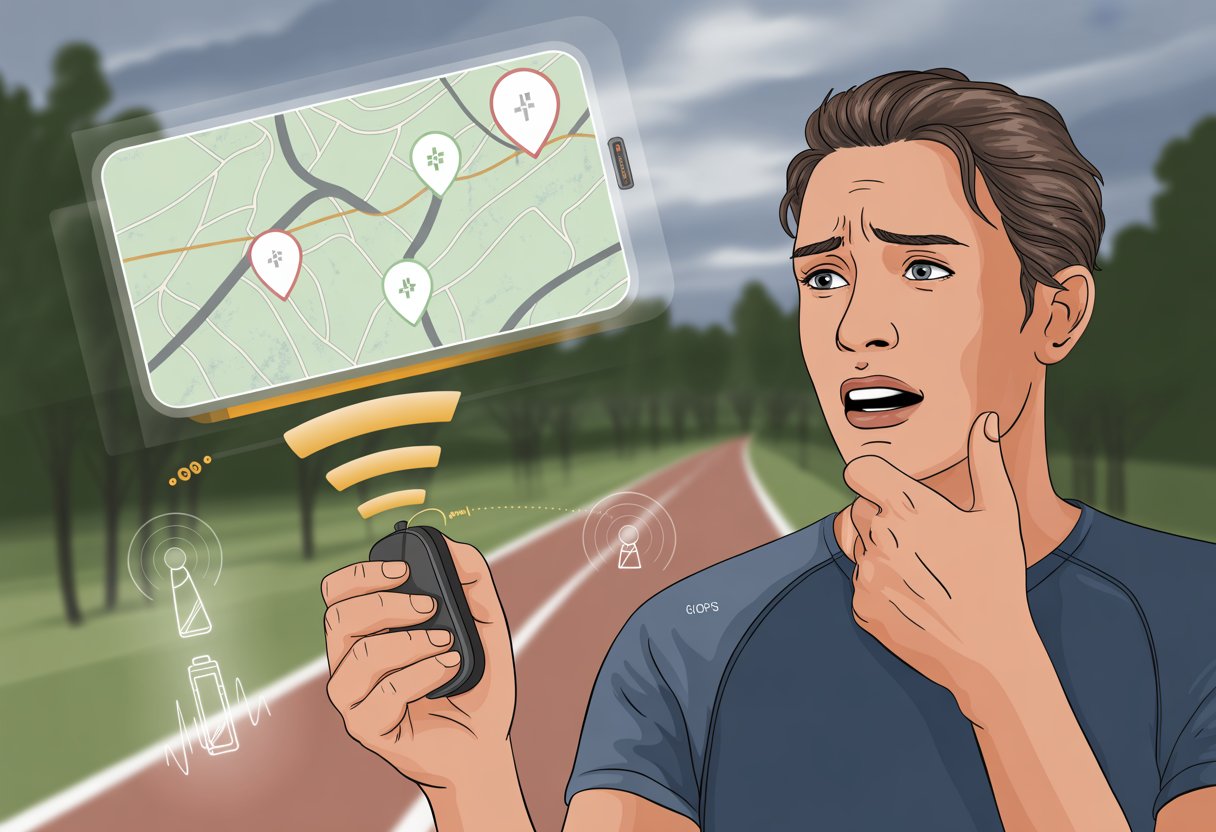 A person outdoors looking at a fitness tracker with a confused expression, with a running trail and a digital map showing inaccurate GPS markers and weak satellite signals.