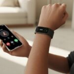 A close-up of a wrist wearing a fitness tracker and a hand holding a smartphone showing an incoming call.