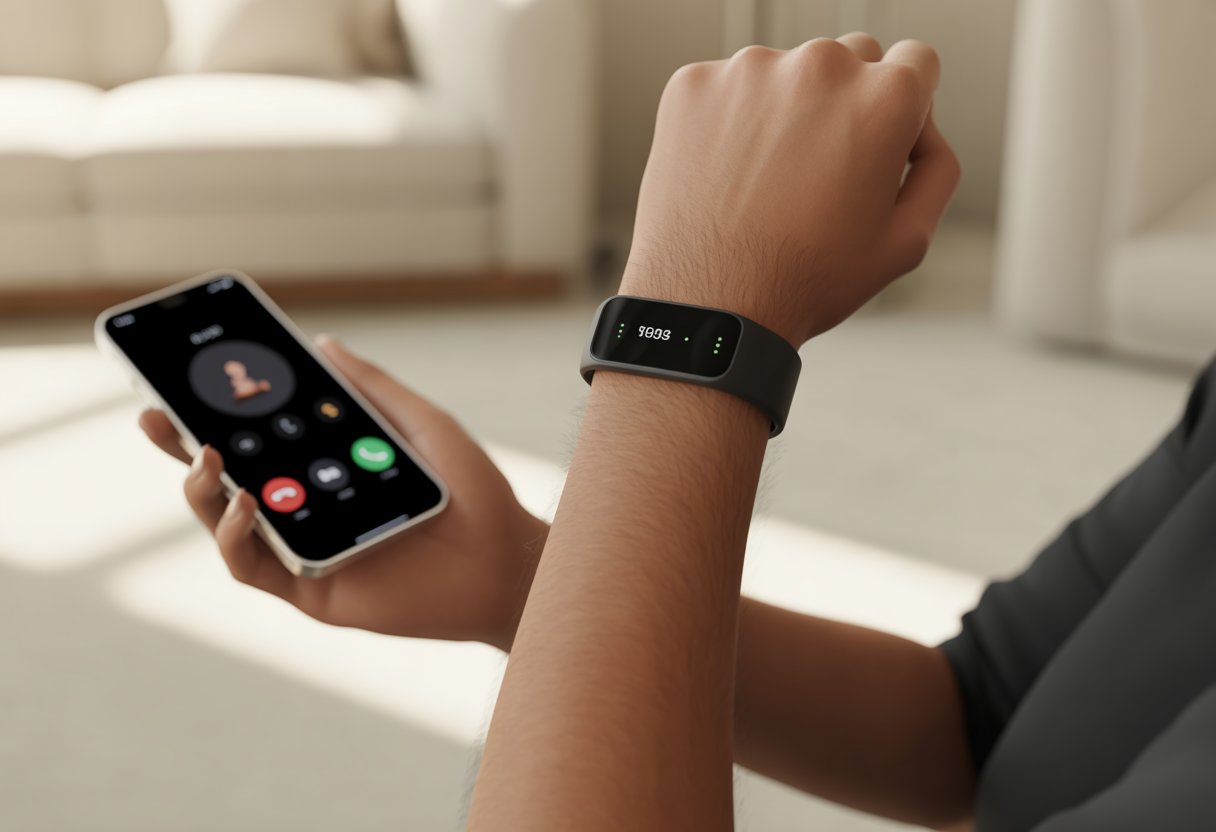 A close-up of a wrist wearing a fitness tracker and a hand holding a smartphone showing an incoming call.