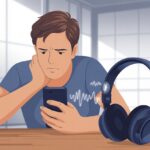 A person sitting at a desk looking frustrated while trying to connect Bluetooth headphones to a smartphone.