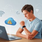 A person at a desk looking at their wrist with a fitness tracker, a laptop in front showing a cloud icon with a warning symbol.