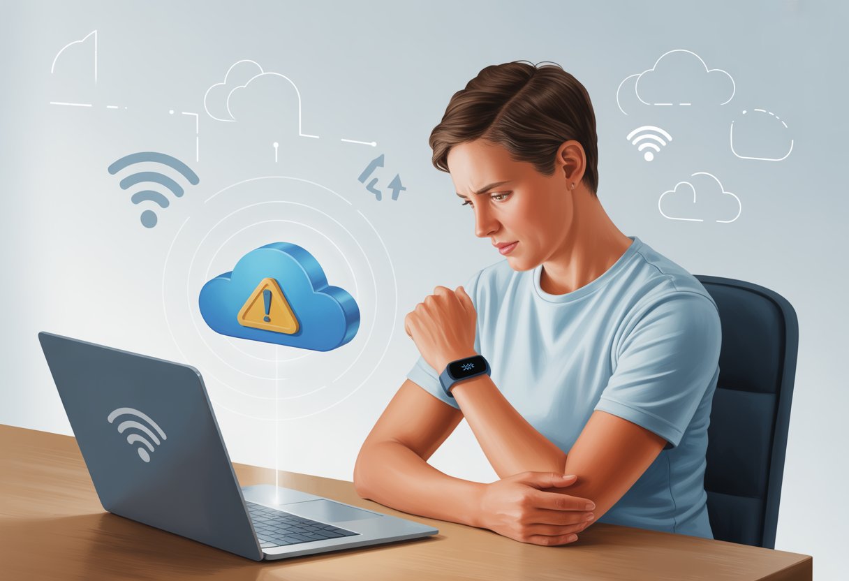 A person at a desk looking at their wrist with a fitness tracker, a laptop in front showing a cloud icon with a warning symbol.