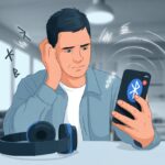 A person looking puzzled while trying to connect Bluetooth headphones to an Android smartphone, with a warning icon on the phone screen.