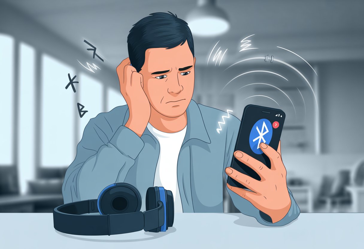 A person looking puzzled while trying to connect Bluetooth headphones to an Android smartphone, with a warning icon on the phone screen.