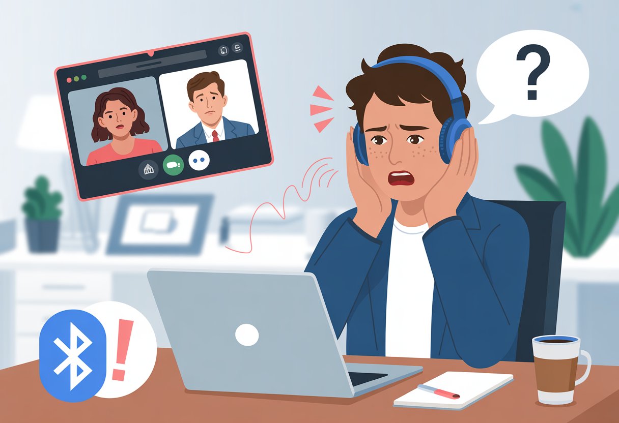 A person at a desk wearing Bluetooth headphones looking confused while using a laptop for a video call.