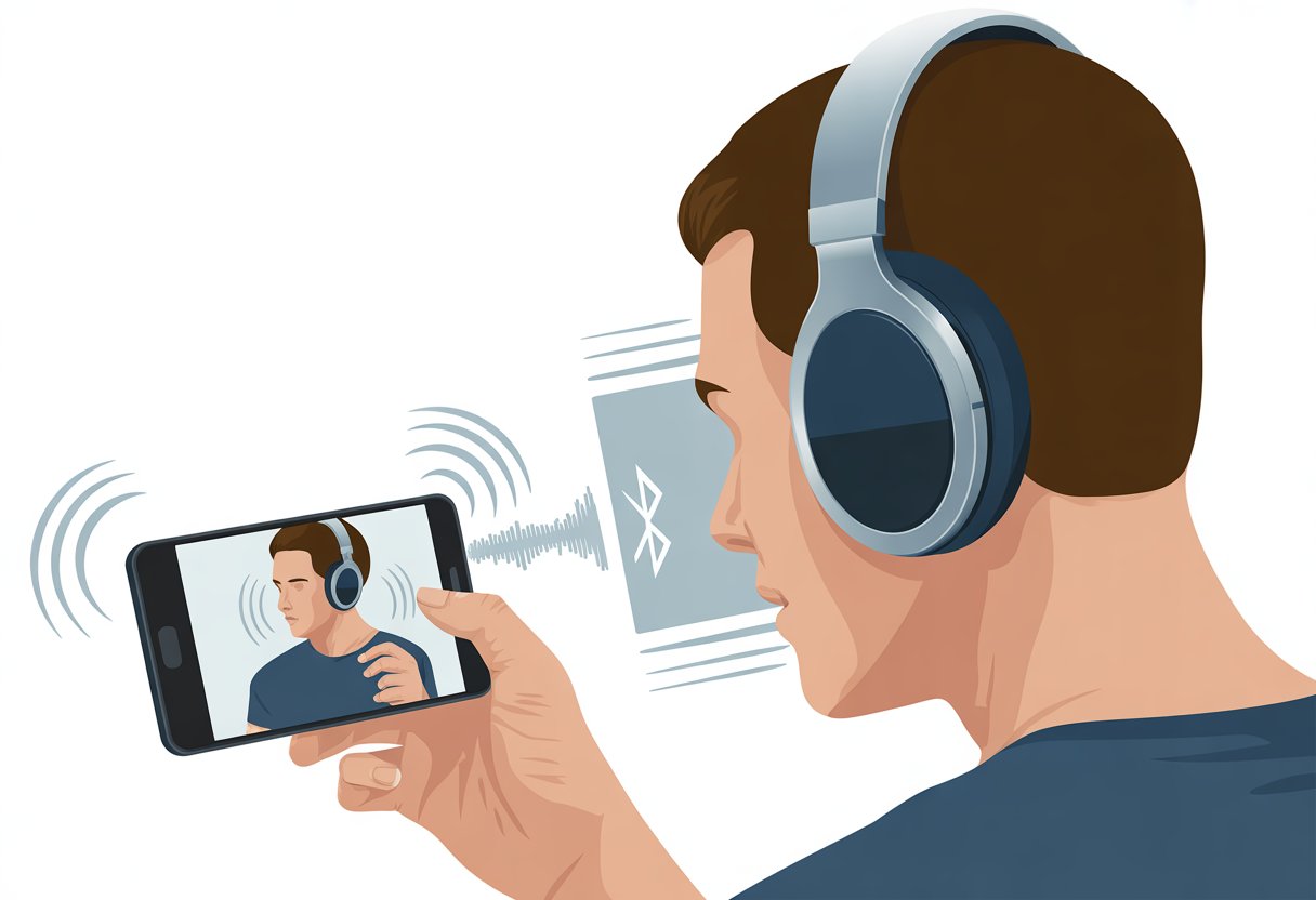 A person wearing Bluetooth headphones looking at a smartphone with a video on the screen, with visual effects suggesting a delay between the audio and video.