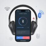 A pair of Bluetooth headphones connected to a smartphone showing a stalled firmware update with warning icons around them.