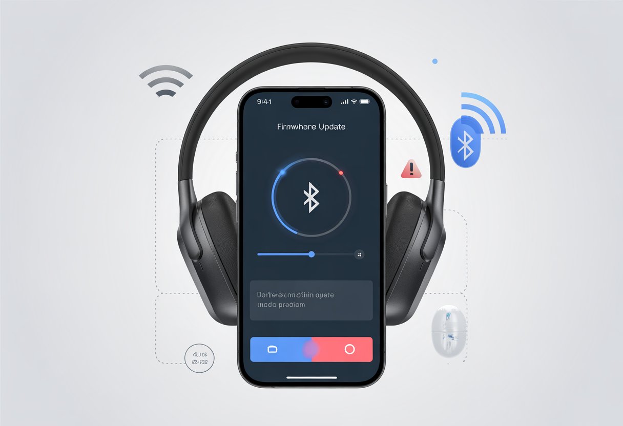 A pair of Bluetooth headphones connected to a smartphone showing a stalled firmware update with warning icons around them.