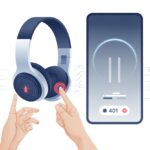 Close-up of Bluetooth headphones with a red warning icon and hands pressing a button, alongside a digital device showing an error symbol, representing fixing a Bluetooth error.