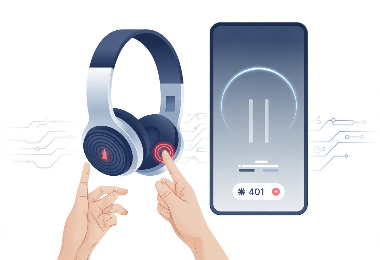 Close-up of Bluetooth headphones with a red warning icon and hands pressing a button, alongside a digital device showing an error symbol, representing fixing a Bluetooth error.