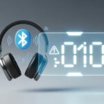 A pair of Bluetooth headphones with a glowing Bluetooth symbol and a digital interface showing an error code with warning icons.