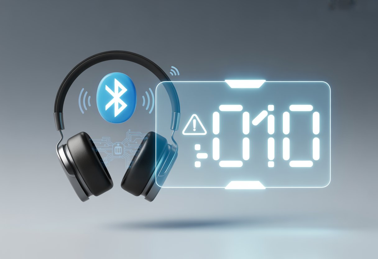 A pair of Bluetooth headphones with a glowing Bluetooth symbol and a digital interface showing an error code with warning icons.