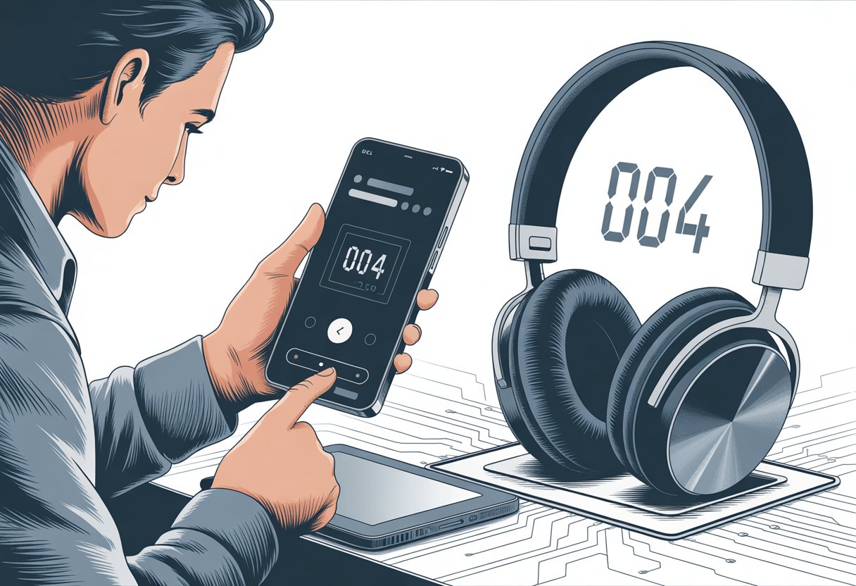 A person troubleshooting Bluetooth headphones using a smartphone, with a small error code icon visible on the device screen.