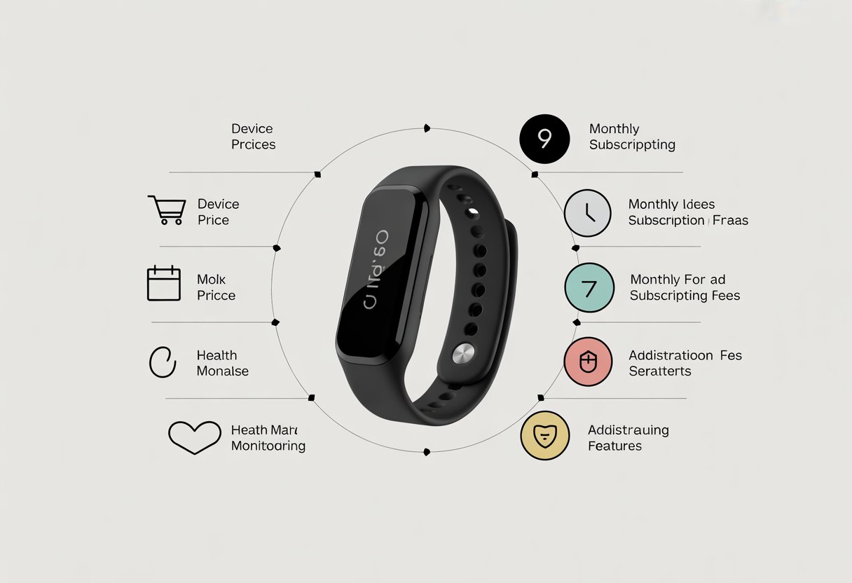 An illustration showing a fitness wristband surrounded by icons representing different parts of a subscription cost breakdown.