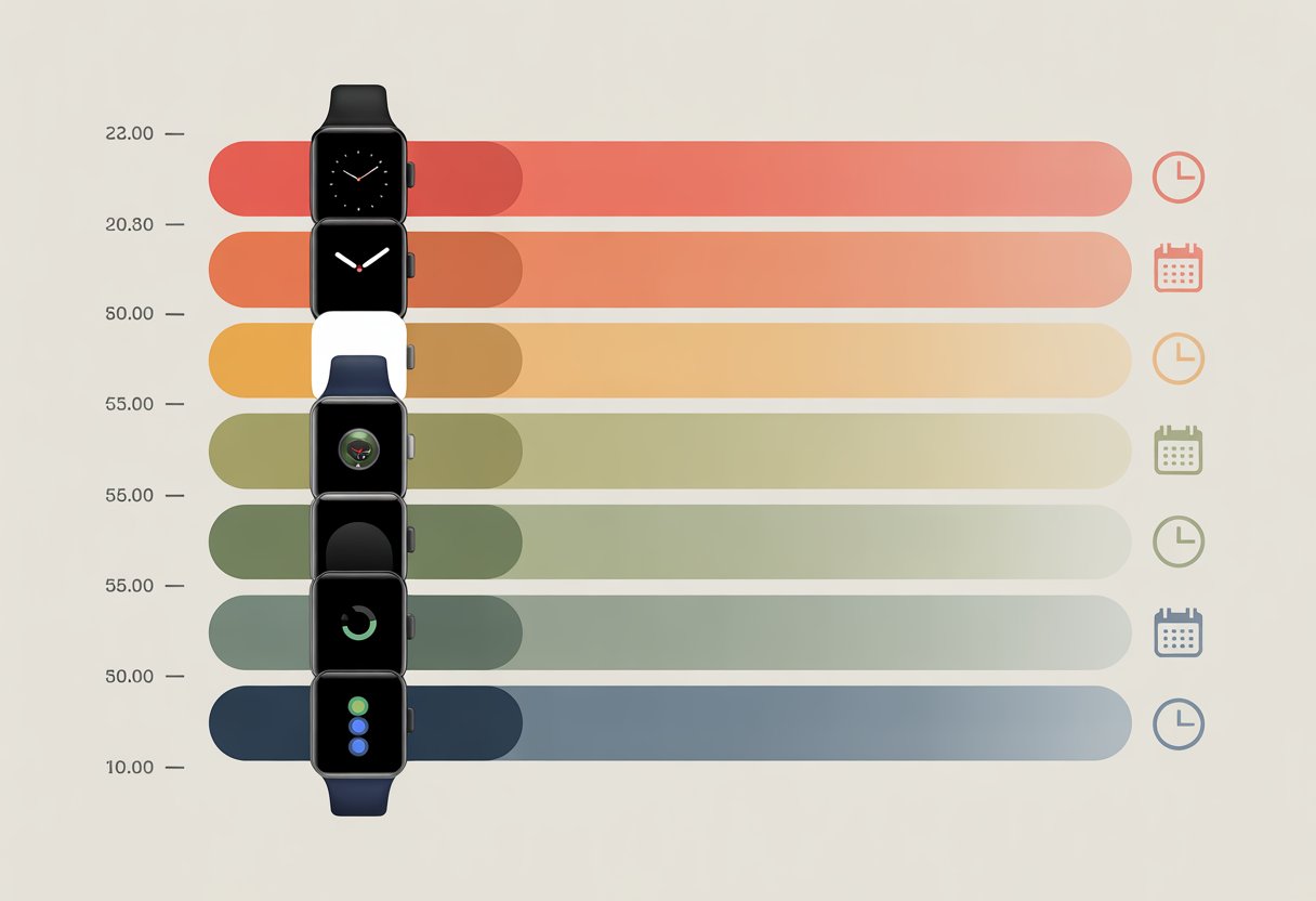 A comparison chart showing different smartwatches with horizontal bars indicating their battery life durations.