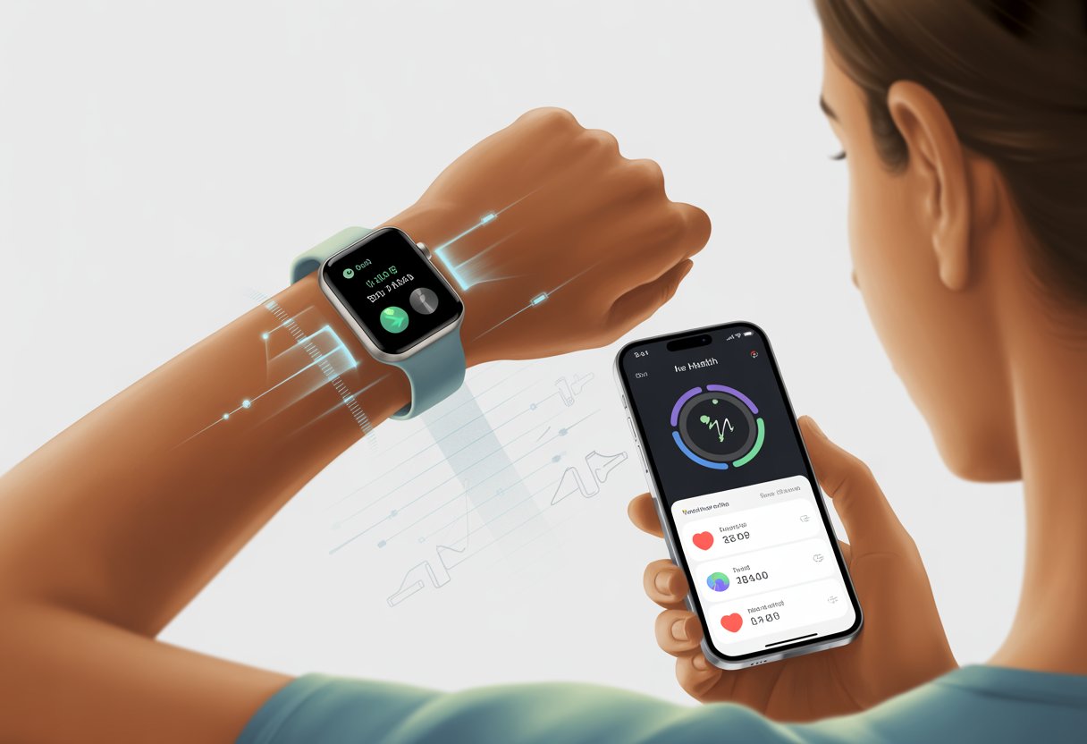 A person syncing a smartwatch with a smartphone displaying health data icons, connected by wireless signals.
