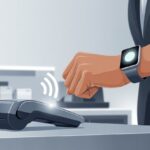 A close-up of a hand wearing a smartwatch held near a contactless payment terminal.
