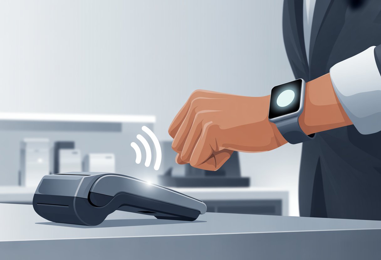 A close-up of a hand wearing a smartwatch held near a contactless payment terminal.
