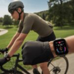 A cyclist riding a bicycle on a trail wearing a smartwatch showing cycling data on its screen.