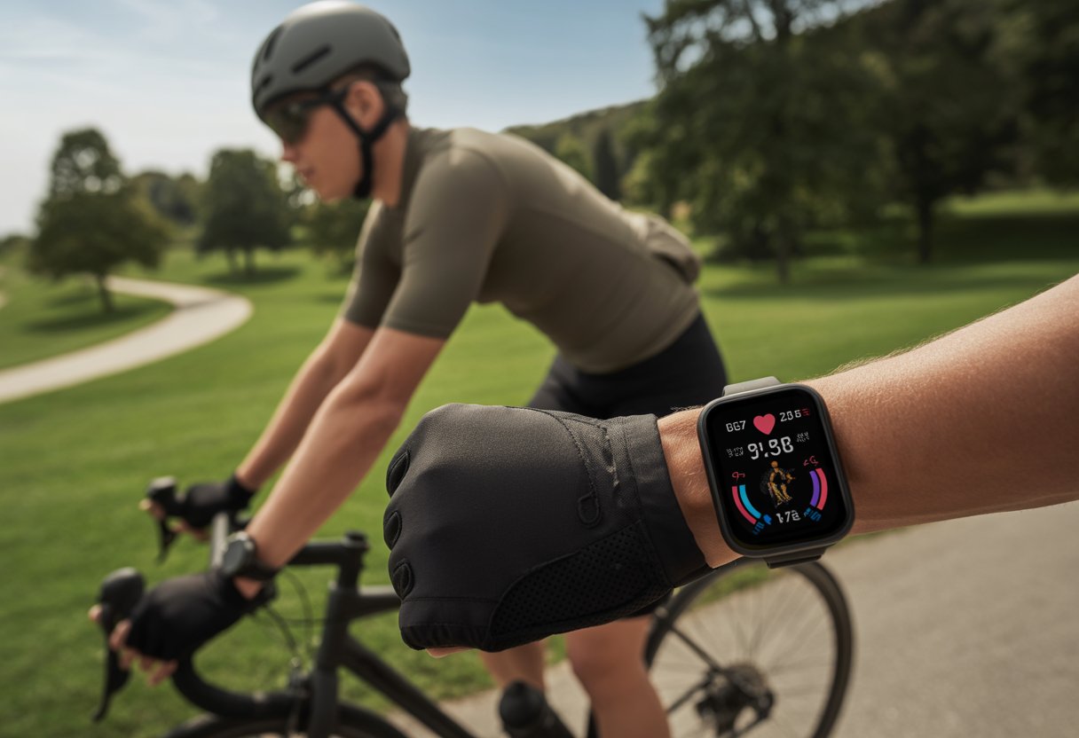 A cyclist riding a bicycle on a trail wearing a smartwatch showing cycling data on its screen.