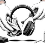 Hands cleaning Bluetooth headphones with a cloth, brush, and cotton swab on a clean surface.