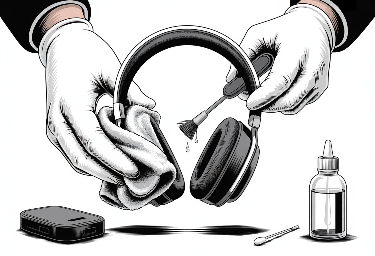 Hands cleaning Bluetooth headphones with a cloth, brush, and cotton swab on a clean surface.